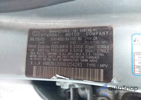 2006 Hyundai Tucson Gls/Limited z USA, uszkodzony, nr VIN KM8JN12D06U254283